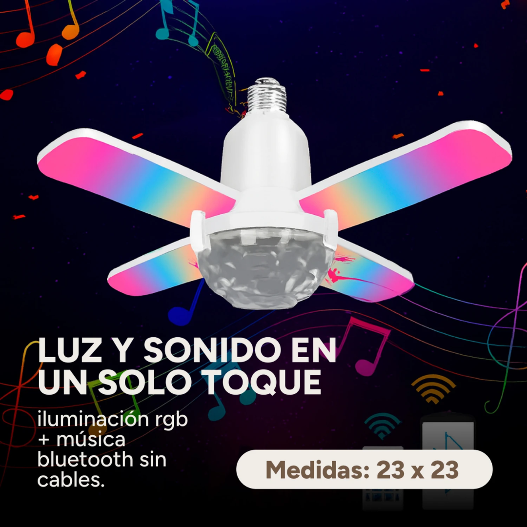 FOCO LED CON PARLANTE — Iluminación potente y música en un solo clic