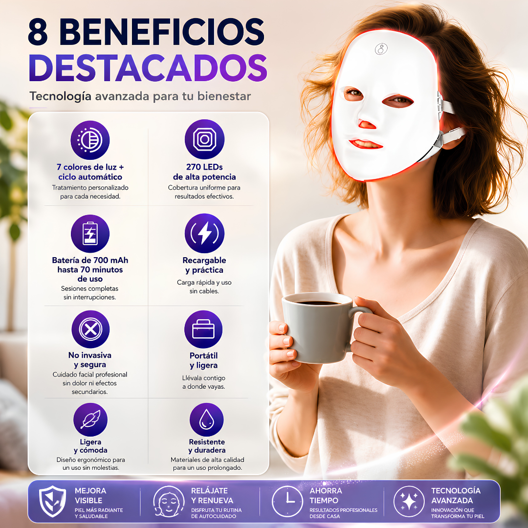 MÁSCARA DE TRATAMIENTO FACIAL LED - Rejuvenece tu piel con luz terapéutica y cuidado facial en casa