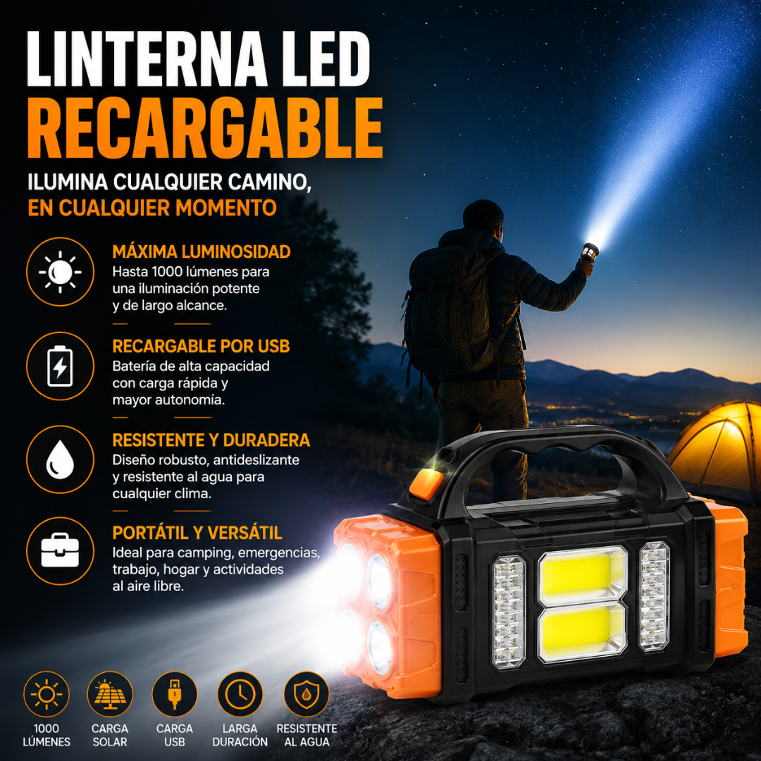 LINTERNA LED RECARGABLE – Iluminación potente y carga auxiliar para cualquier emergencia