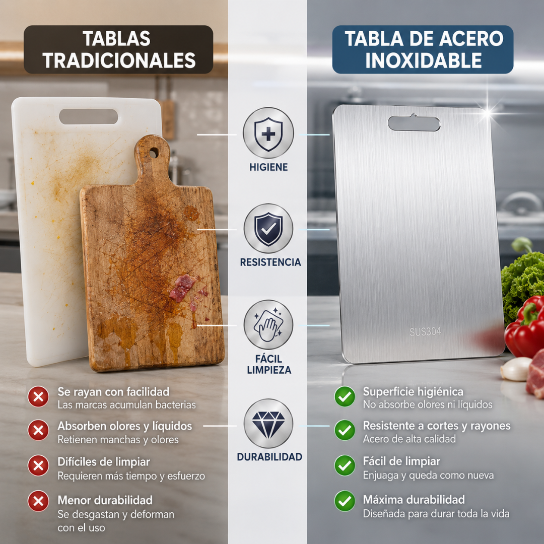 TABLA DE PICAR DE ACERO INOXIDABLE – Higiene superior, cero microplásticos y durabilidad profesional en tu cocina
