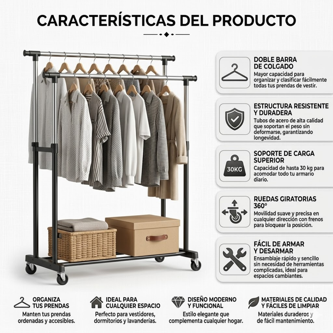 PERCHERO DE ROPA DOBLE NIVEL – Más orden y capacidad en menos espacio