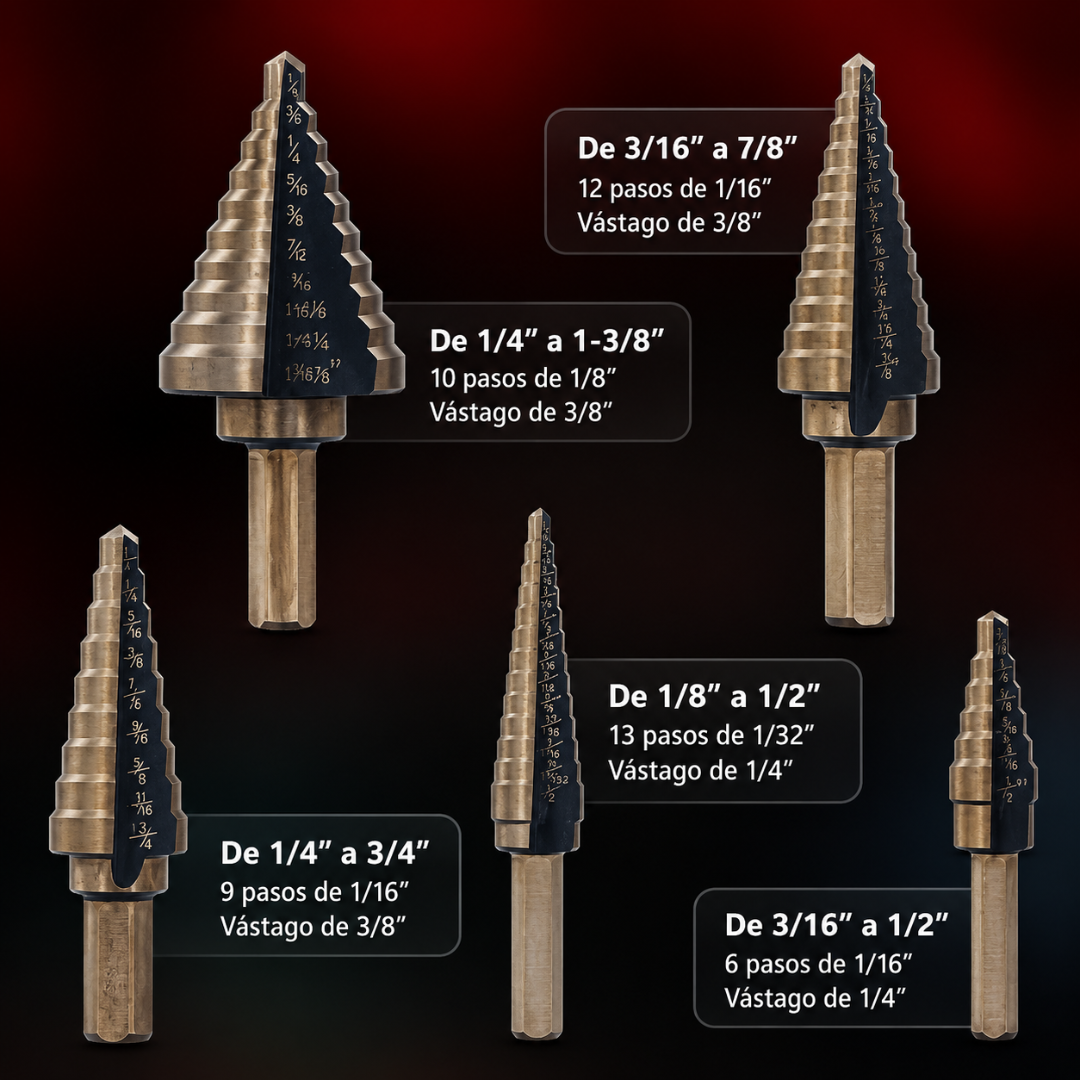 SET DE BROCAS ESCALONADAS — Una broca, múltiples tamaños, madera metal y plástico