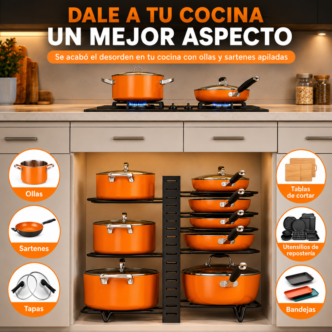 ORGANIZADOR VERTICAL PARA OLLAS Y SARTENES – Orden adaptable en tu cocina