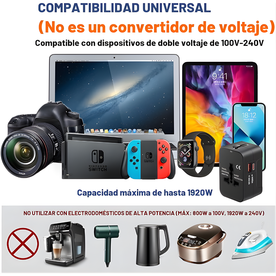 ADAPTADOR DE VIAJE UNIVERSAL – Conexión global, carga segura y energía confiable en cualquier destino