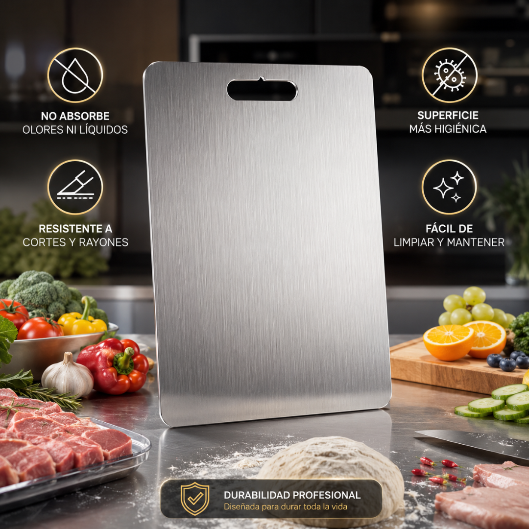 TABLA DE PICAR DE ACERO INOXIDABLE – Higiene superior, cero microplásticos y durabilidad profesional en tu cocina