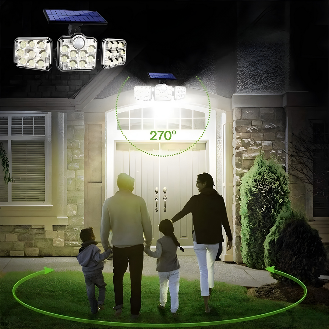 LÁMPARA SOLAR 3 FOCOS CON SENSOR – Iluminación potente, detección automática y ahorro energético total