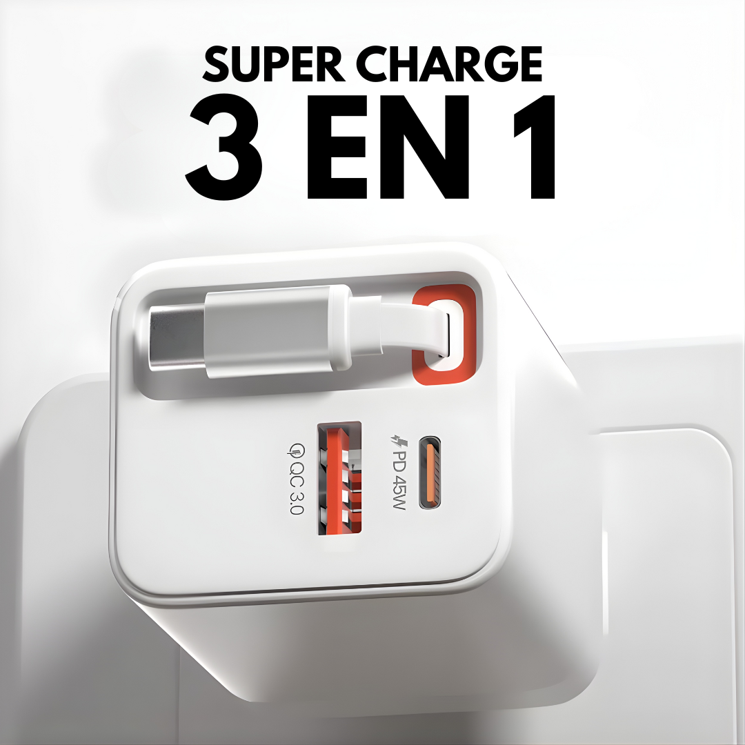 SUPER CHARGE 3 IN 1 – Carga rápida 65W, un solo cable y energía inteligente para todos tus dispositivos