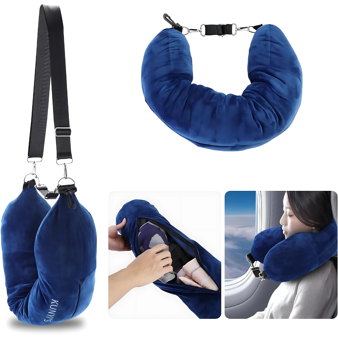 CUELLERA RELLENABLE AZUL PARA VIAJE – Comodidad personalizada en cada trayecto