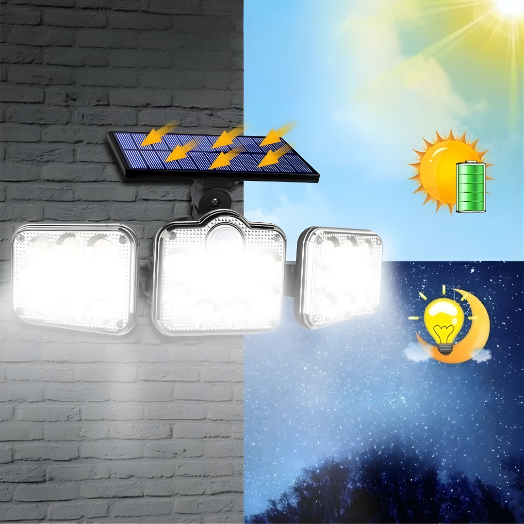 LÁMPARA SOLAR 3 FOCOS CON SENSOR – Iluminación potente, detección automática y ahorro energético total