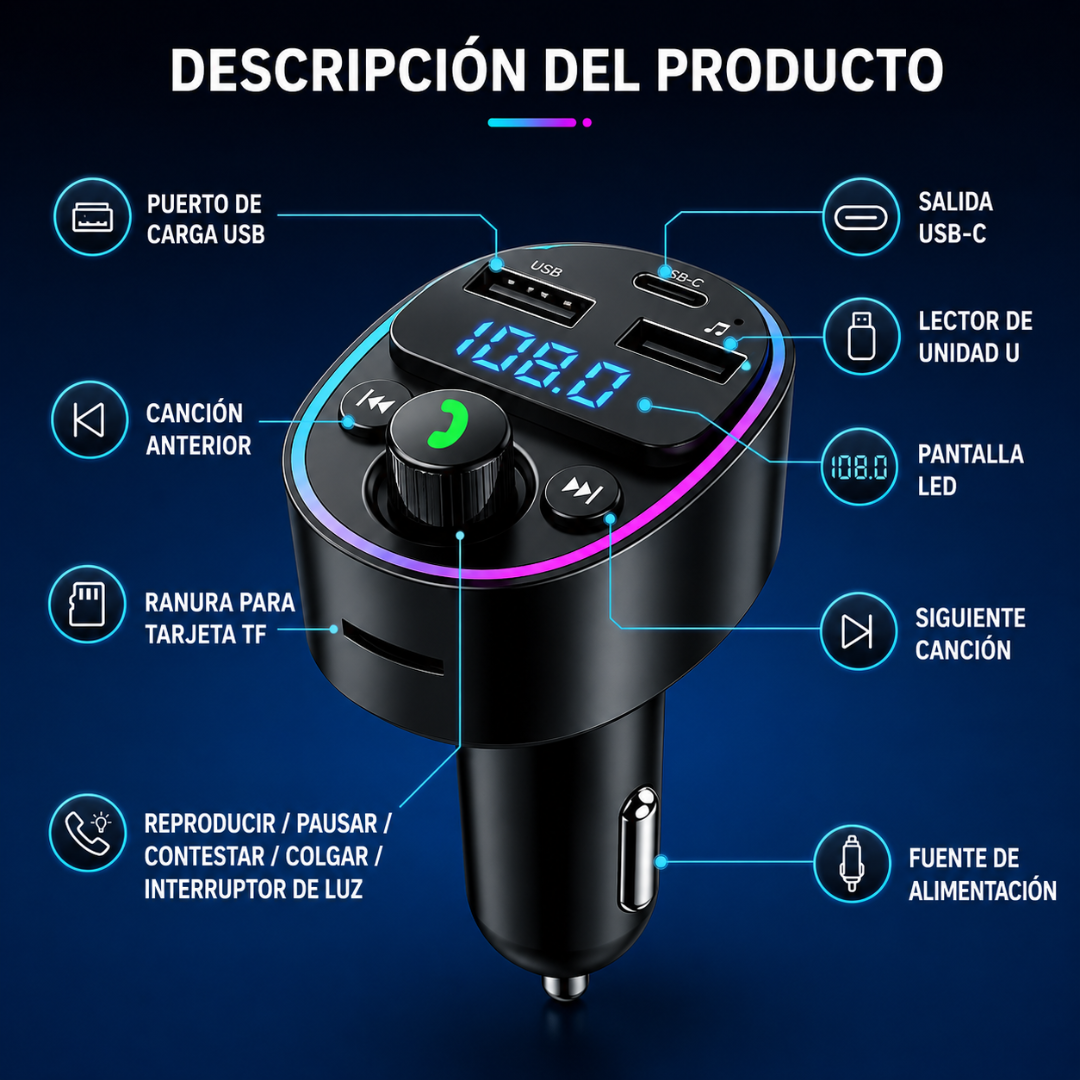 REPRODUCTOR MP3 FM BLUETOOTH PARA CARRO – Música, llamadas y carga inteligente en cualquier vehículo