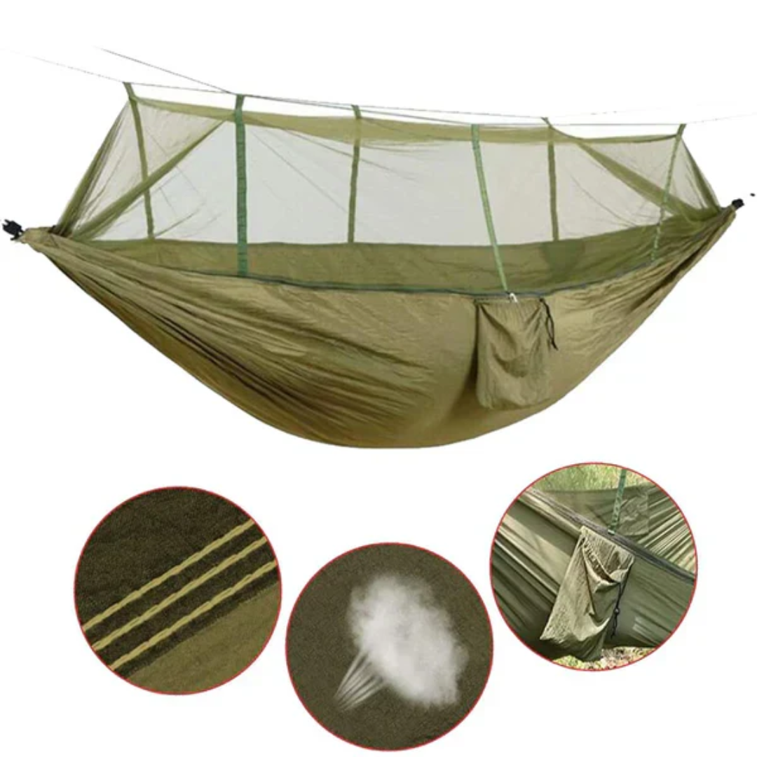 HAMACA DE CAMPING CON MOSQUITERO – Duerme seguro, descansa sin intrusos.