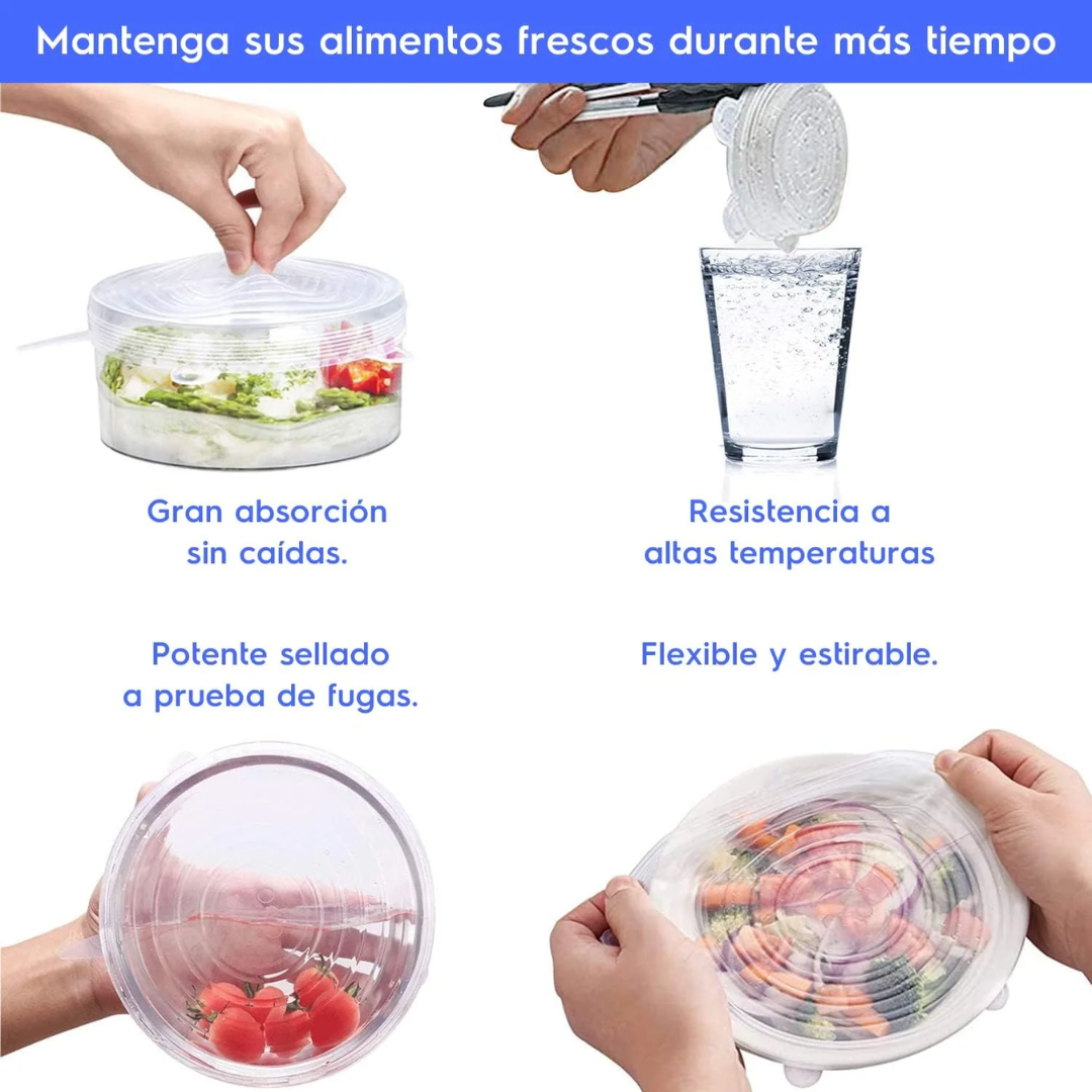 6 Tapas elásticas SealGuard – Sella, protege y olvídate de los derrames.