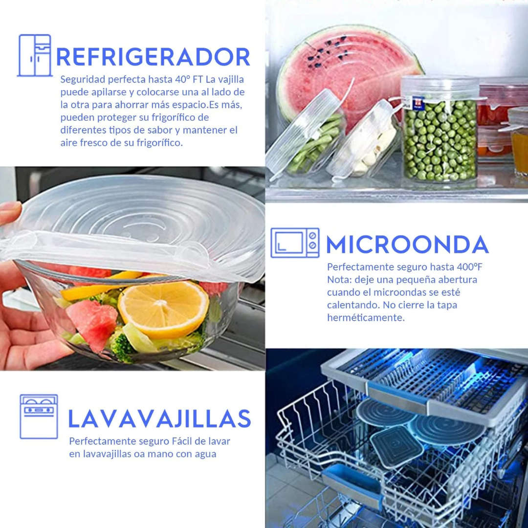 6 Tapas elásticas SealGuard – Sella, protege y olvídate de los derrames.