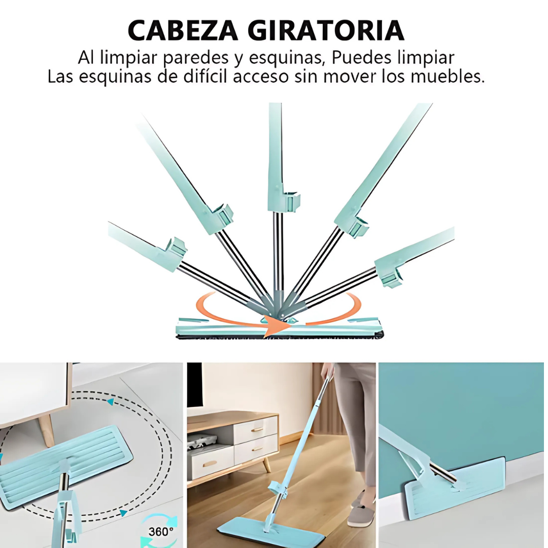 TRAPEADOR PLANO CON MICROFIBRA — Sin esfuerzo, sin escurrir, sin doblar la espalda