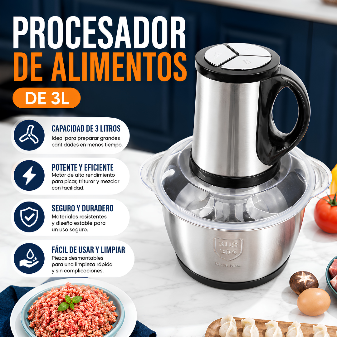 PROCESADOR DE ALIMENTOS 3L — Cocina lista en minutos, tiempo libre el resto del día