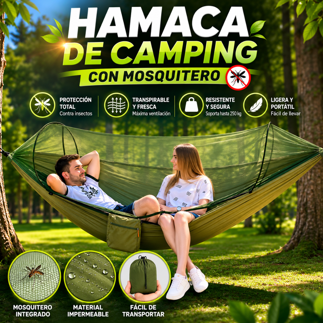 HAMACA DE CAMPING CON MOSQUITERO – Duerme seguro, descansa sin intrusos.