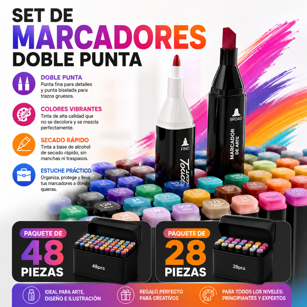 SET DE MARCADORES DOBLE PUNTA – Colores intensos para crear