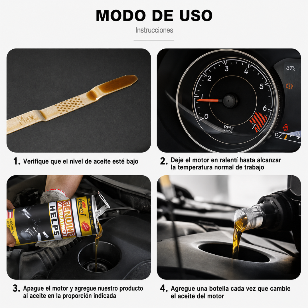 TRATAMIENTO DE ACEITE HERIOS GENUINE OIL — El tratamiento que protege el motor que ya tienes para que dure mucho más.