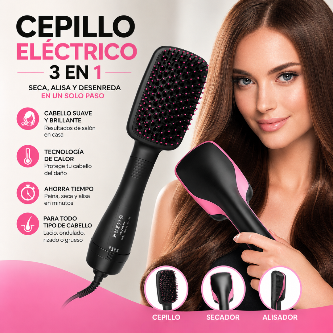 CEPILLO ELÉCTRICO 3 EN 1 – Seca, alisa y peina tu cabello con acabado más suave en menos tiempo