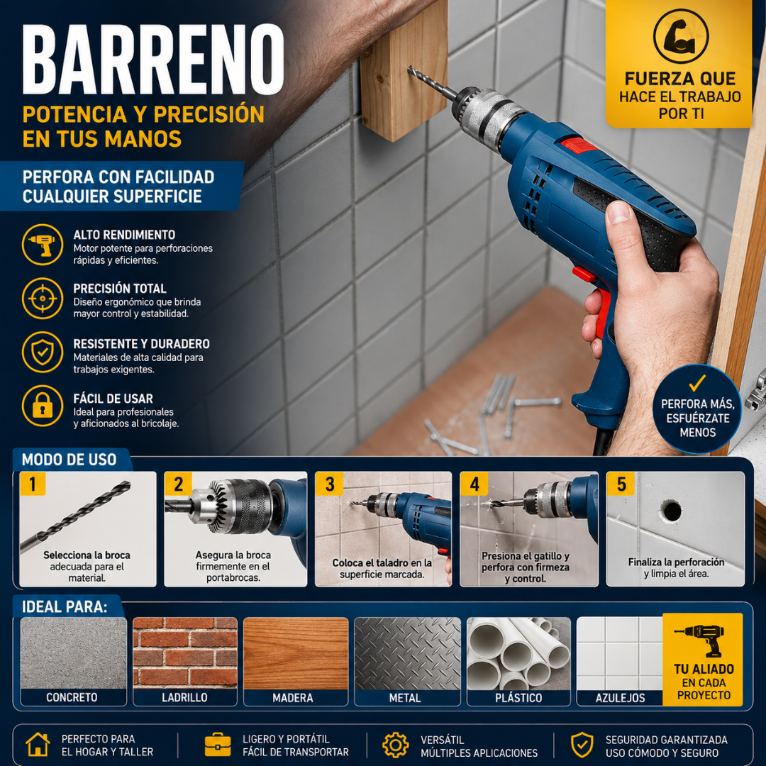 BARRENO – Potencia y control para perforar paredes, madera y metal con facilidad