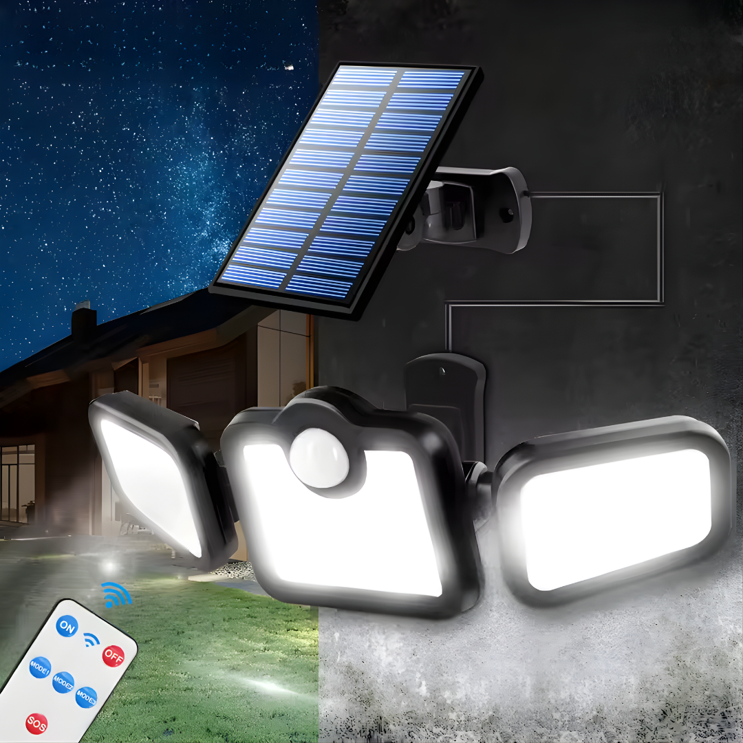 LÁMPARA SOLAR 3 FOCOS CON SENSOR – Iluminación potente, detección automática y ahorro energético total