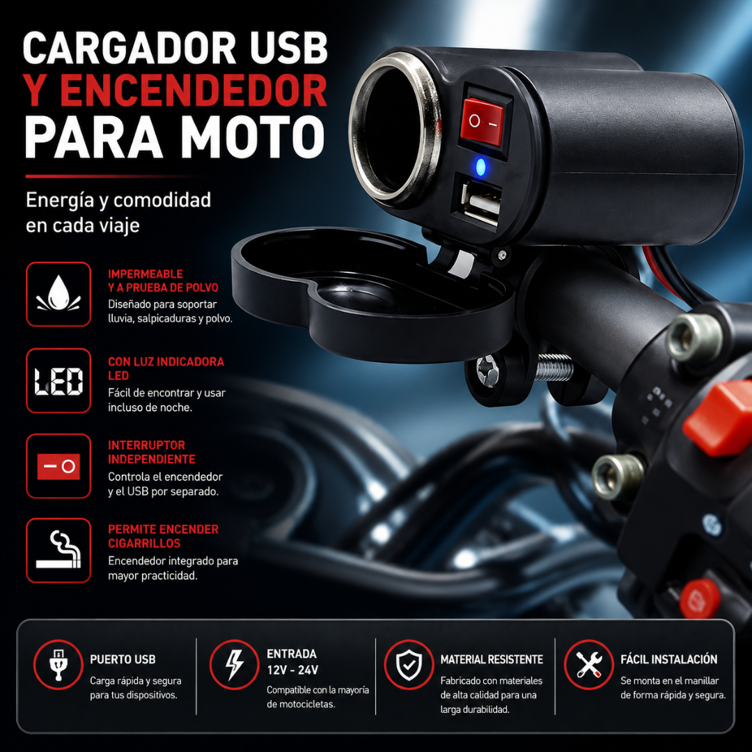 CARGADOR USB Y ENCENDEDOR PARA MOTO – Carga, conecta y conduce con más comodidad bajo cualquier clima
