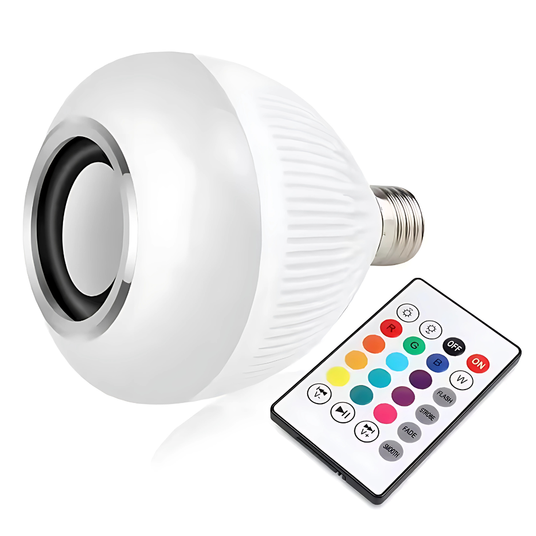 BOMBILLO DE LUZ LED EN MÚLTIPLES COLORES Y BOCINA BLUETOOTH INTEGRADA – Ambiente, sonido y estilo en una sola lámpara