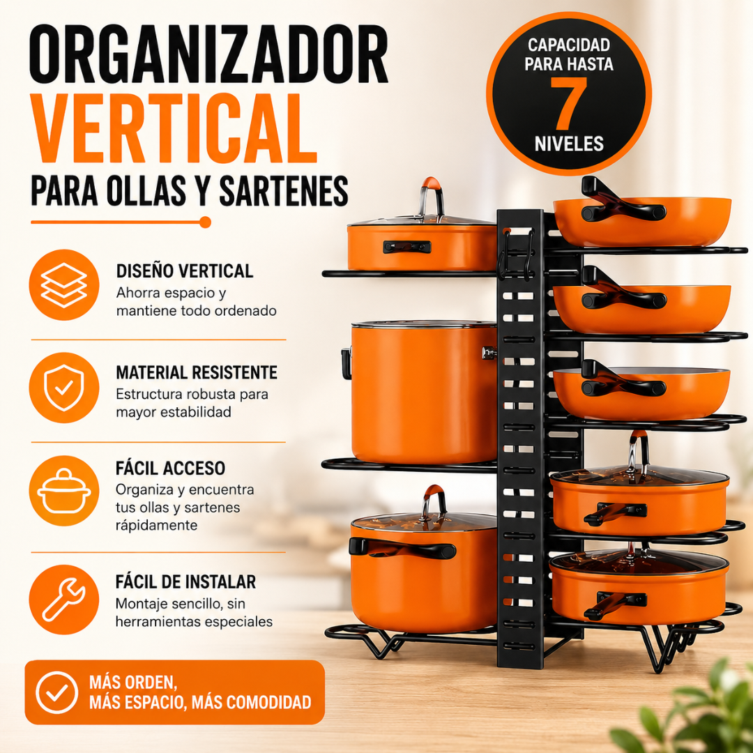 ORGANIZADOR VERTICAL PARA OLLAS Y SARTENES – Orden adaptable en tu cocina