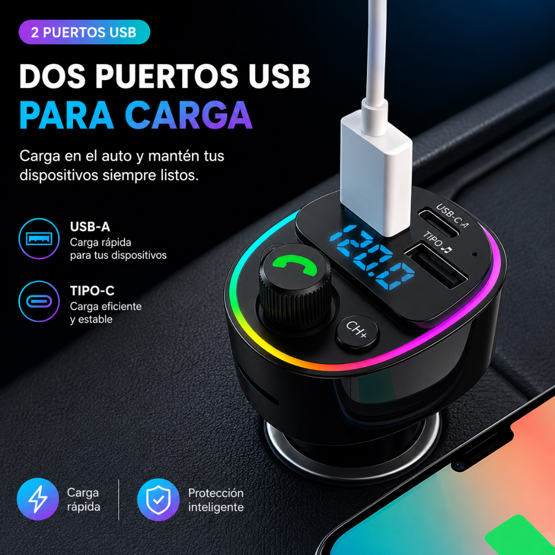 REPRODUCTOR MP3 FM BLUETOOTH PARA CARRO – Música, llamadas y carga inteligente en cualquier vehículo