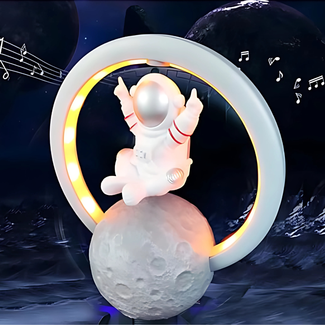 LÁMPARA Y BOCINA ASTRONAUTA CON LUNA LED – Tecnología flotante que ilumina y suena como de otro planeta