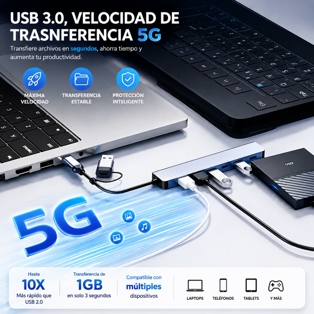 HUB USB 7 EN 1 DE ALTA VELOCIDAD – Más puertos, más orden y máxima productividad en cada conexión