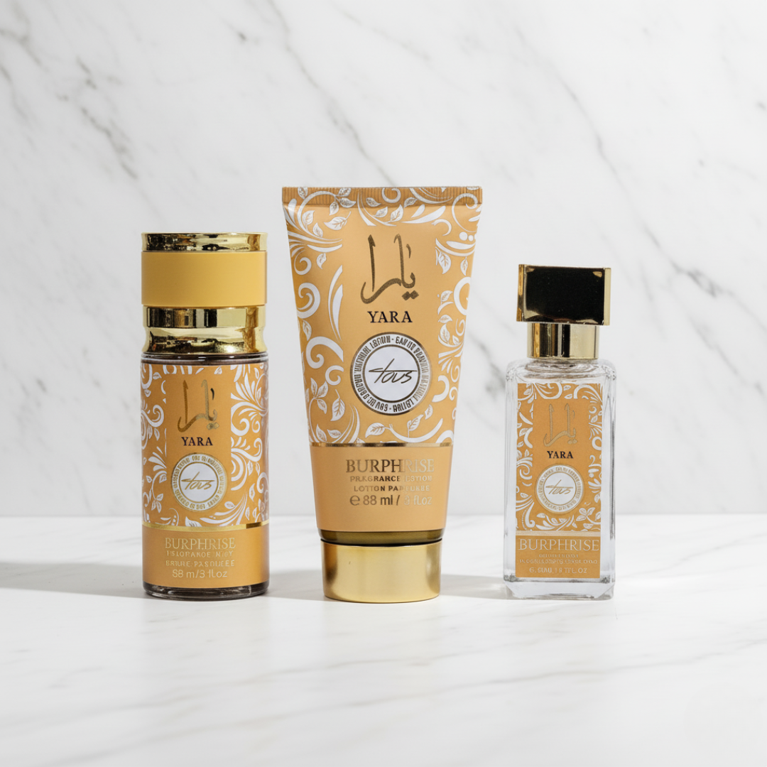 SET DE YARA – 1 CREMA + 1 SPLASH + 1 PERFUME (KIT COMPLETO 3 PZS) – Fragancia duradera, brillo femenino y una experiencia completa de cuidado y aroma