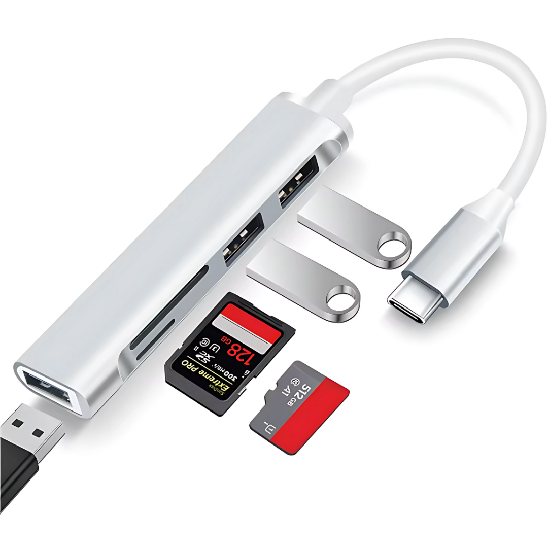 HUB TIPO C 5 EN 1 - (3 PUERTOS USB, 1 PUERTO SD, 1 PUERTO TF) – Conecta todo desde un solo puerto