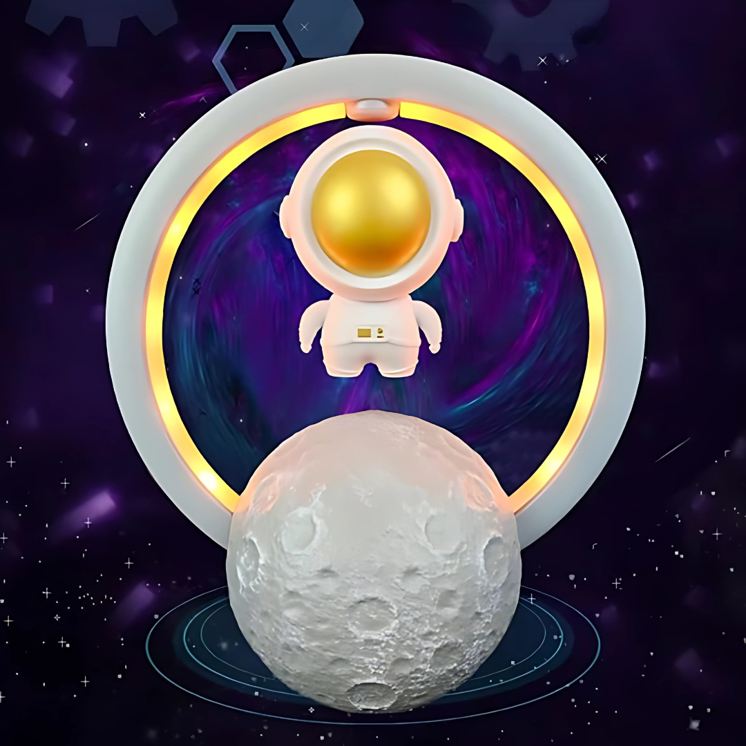 LÁMPARA Y BOCINA ASTRONAUTA CON LUNA LED – Tecnología flotante que ilumina y suena como de otro planeta