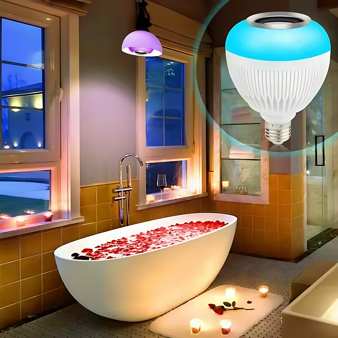 BOMBILLO DE LUZ LED EN MÚLTIPLES COLORES Y BOCINA BLUETOOTH INTEGRADA – Ambiente, sonido y estilo en una sola lámpara