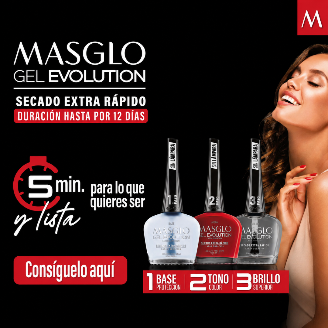 SISTEMA COMPLETO MASGLO GEL EVOLUTION BASE, TONO AUSENTE Y BRILLO 135 ML - Sistema 3 pasos que seca en 5 minutos, dura semanas y no maltrata la uña