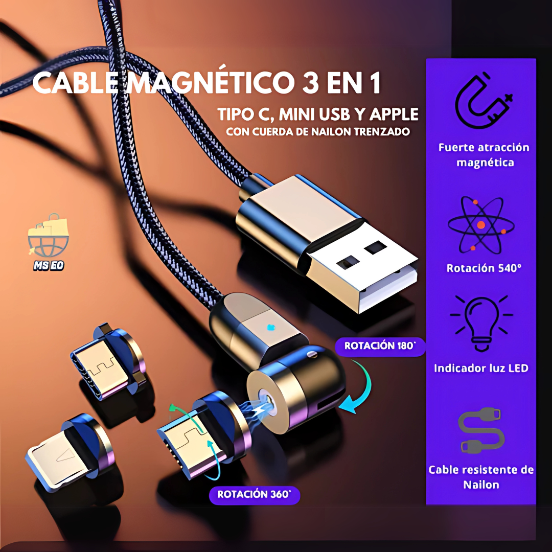 CABLE USB 3 EN 1 MAGNÉTICO CARGA RÁPIDA – Un solo cable para todos tus dispositivos