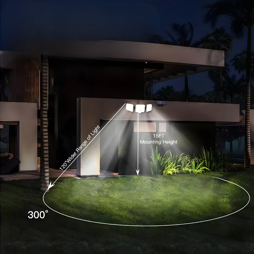 LÁMPARA SOLAR 3 FOCOS CON SENSOR – Iluminación potente, detección automática y ahorro energético total