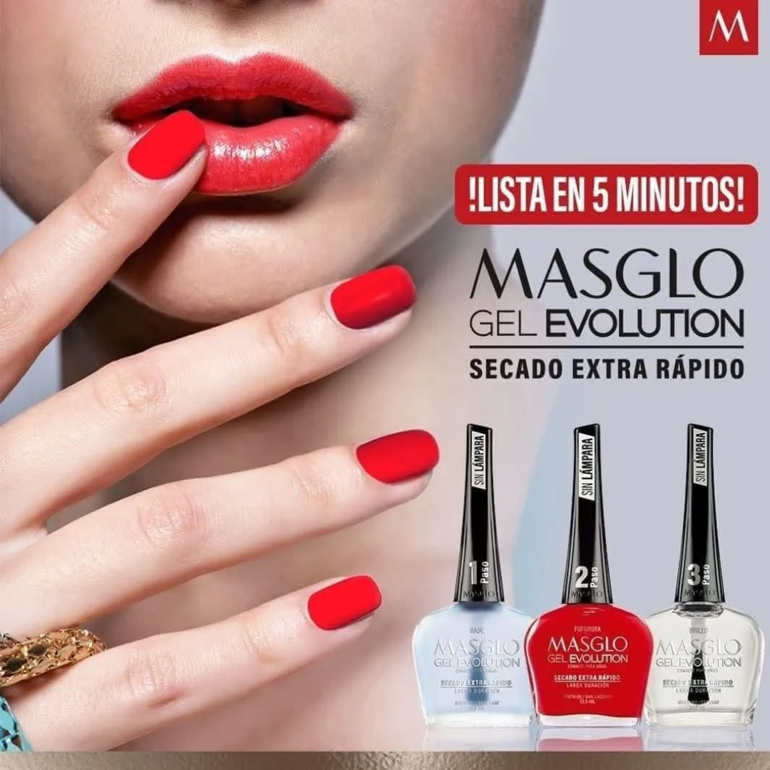 SISTEMA COMPLETO MASGLO GEL EVOLUTION BASE, TONO AUSENTE Y BRILLO 135 ML - Sistema 3 pasos que seca en 5 minutos, dura semanas y no maltrata la uña