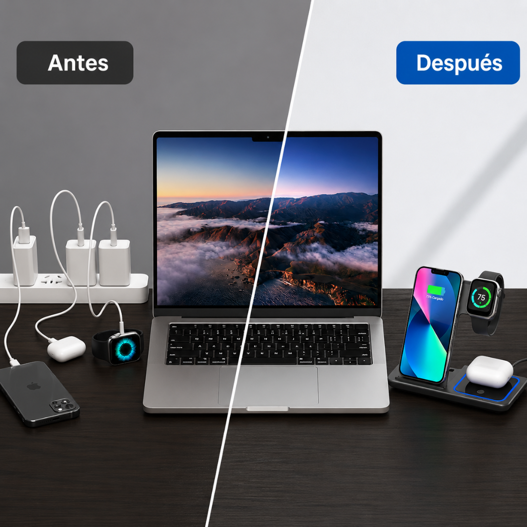 ESTACIÓN DE CARGA INALÁMBRICA — Sin cables, sin desorden, escritorio limpio