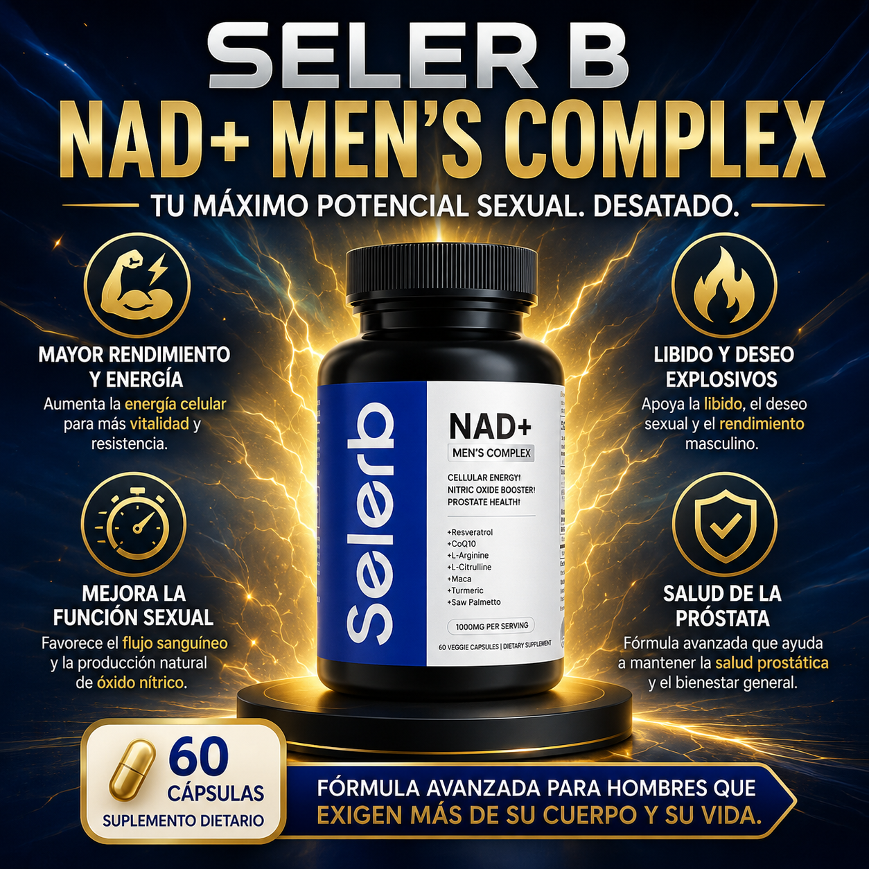 SELER B NAD+ MEN'S COMPLEX 60 CAPS — Energía, rendimiento y vitalidad masculina desde adentro