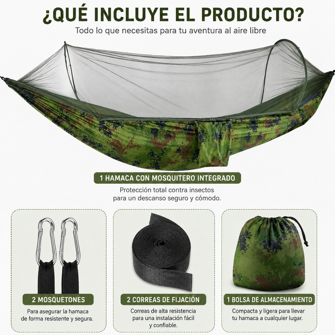 HAMACA DE CAMPING CON MOSQUITERO – Duerme seguro, descansa sin intrusos.