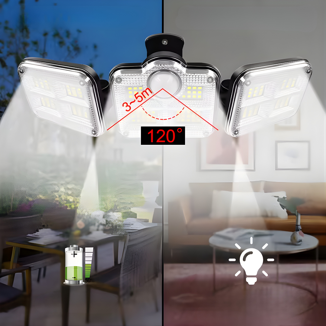 LÁMPARA SOLAR 3 FOCOS CON SENSOR – Iluminación potente, detección automática y ahorro energético total
