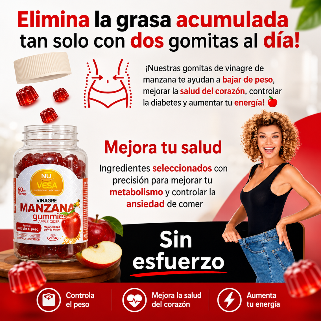 VINAGRE DE MANZANA 60 GUMIES – Abdomen más plano, digestión ligera y control natural del apetito en forma deliciosa