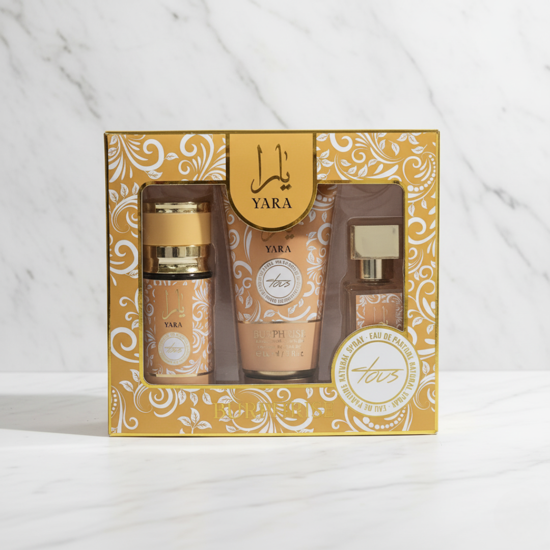 SET DE YARA – 1 CREMA + 1 SPLASH + 1 PERFUME (KIT COMPLETO 3 PZS) – Fragancia duradera, brillo femenino y una experiencia completa de cuidado y aroma
