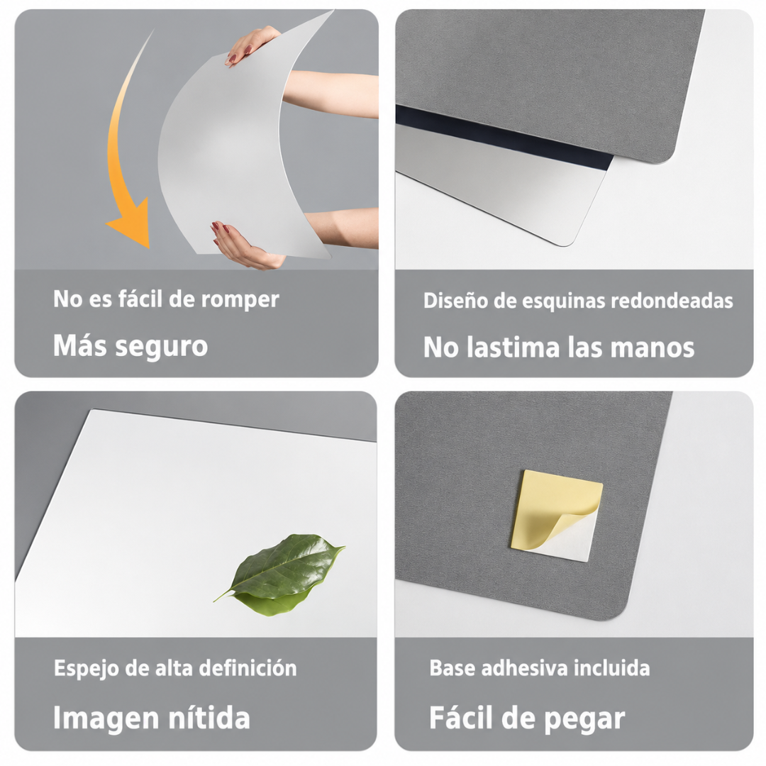 ESPEJO CON DISEÑO FLEXIBLE — Flexible, moderno y fácil de adaptar donde quieras, sin taladro y sin obra
