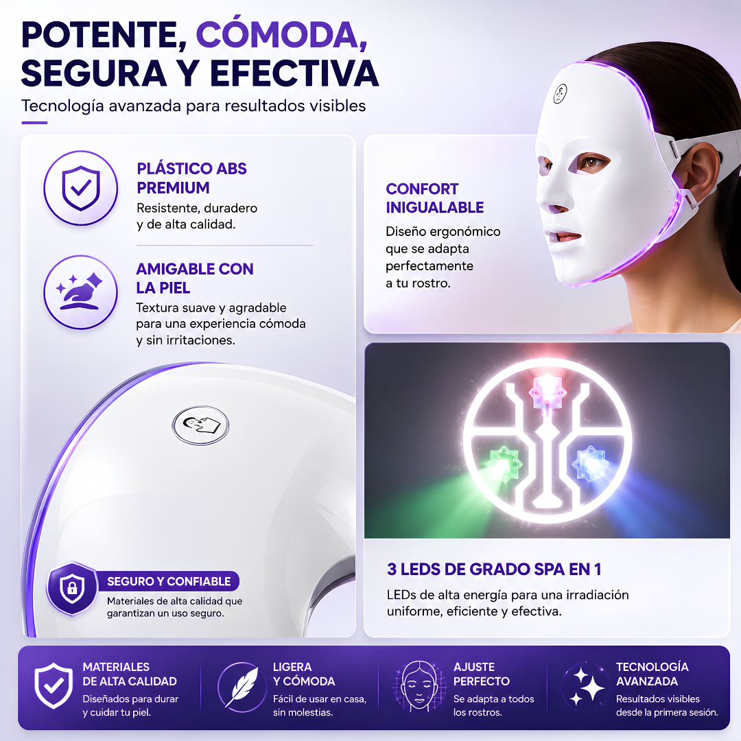 MÁSCARA DE TRATAMIENTO FACIAL LED - Rejuvenece tu piel con luz terapéutica y cuidado facial en casa