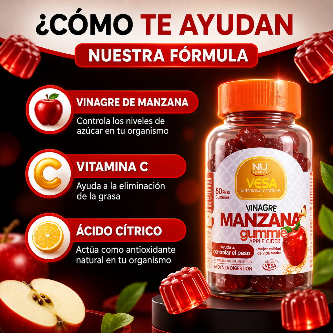 VINAGRE DE MANZANA 60 GUMIES – Abdomen más plano, digestión ligera y control natural del apetito en forma deliciosa