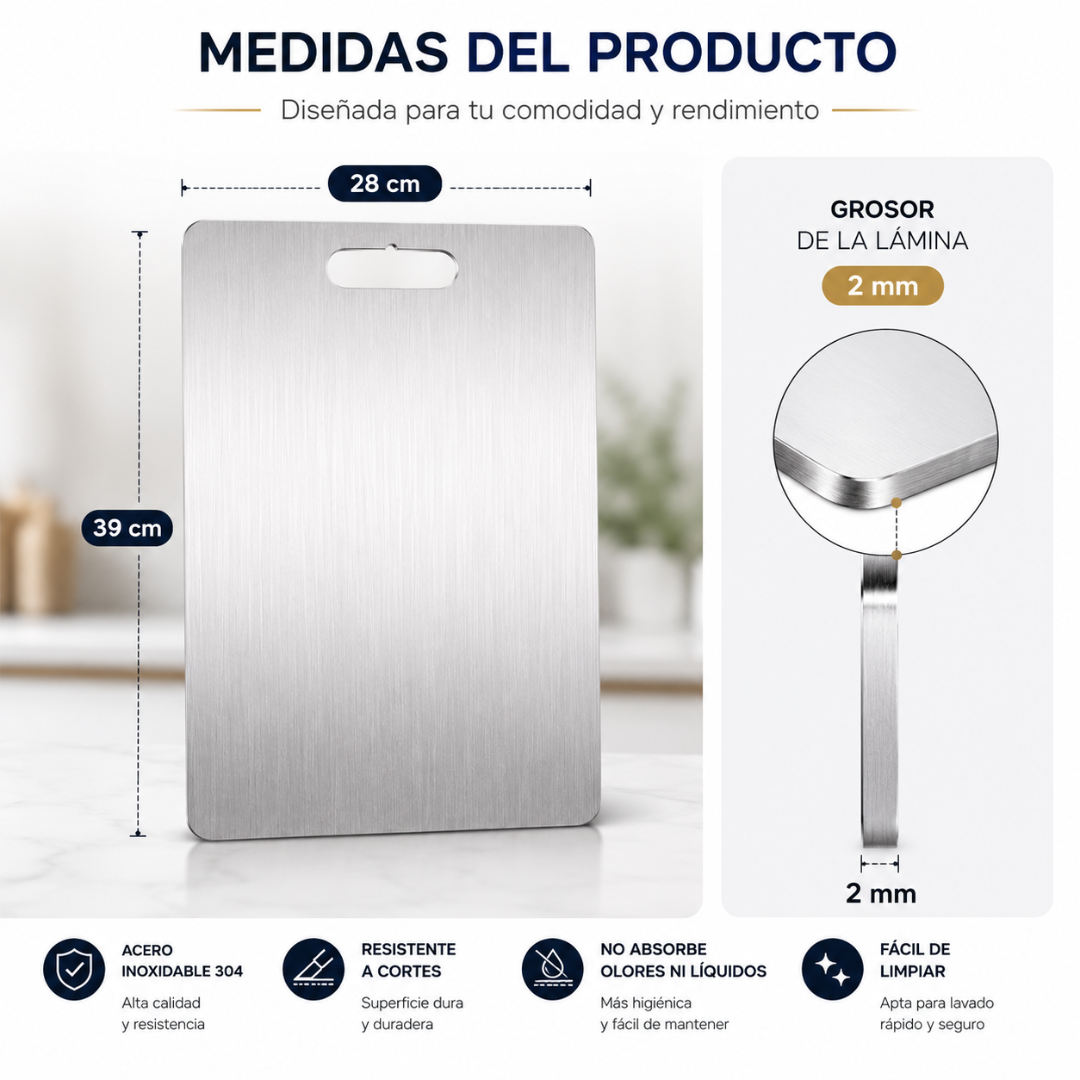 TABLA DE PICAR DE ACERO INOXIDABLE – Higiene superior, cero microplásticos y durabilidad profesional en tu cocina