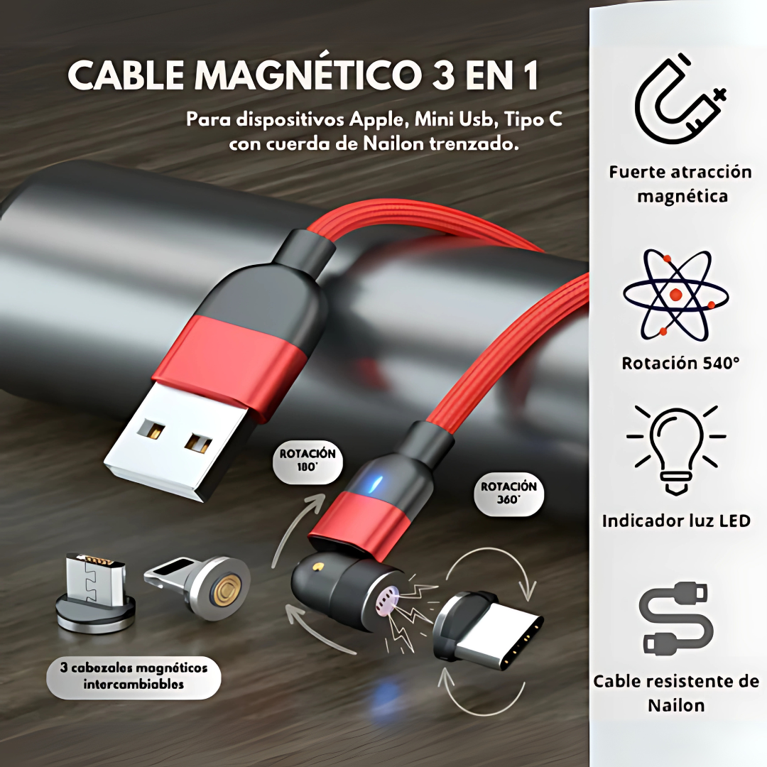 CABLE USB 3 EN 1 MAGNÉTICO CARGA RÁPIDA – Un solo cable para todos tus dispositivos